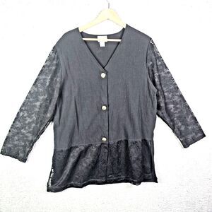 Delta Burke Womens Tunic Blouse 1X Black Lace Button Front Workwear USA